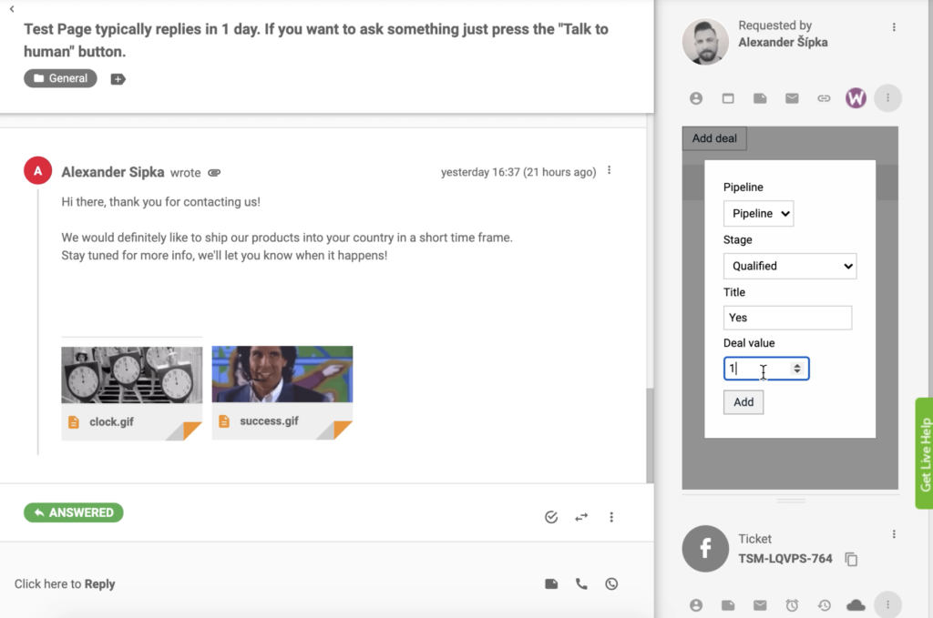 Voeg een deal toe met PipeDrive klantenrelatiebeheer-integratie in LiveAgent-ticketweergave