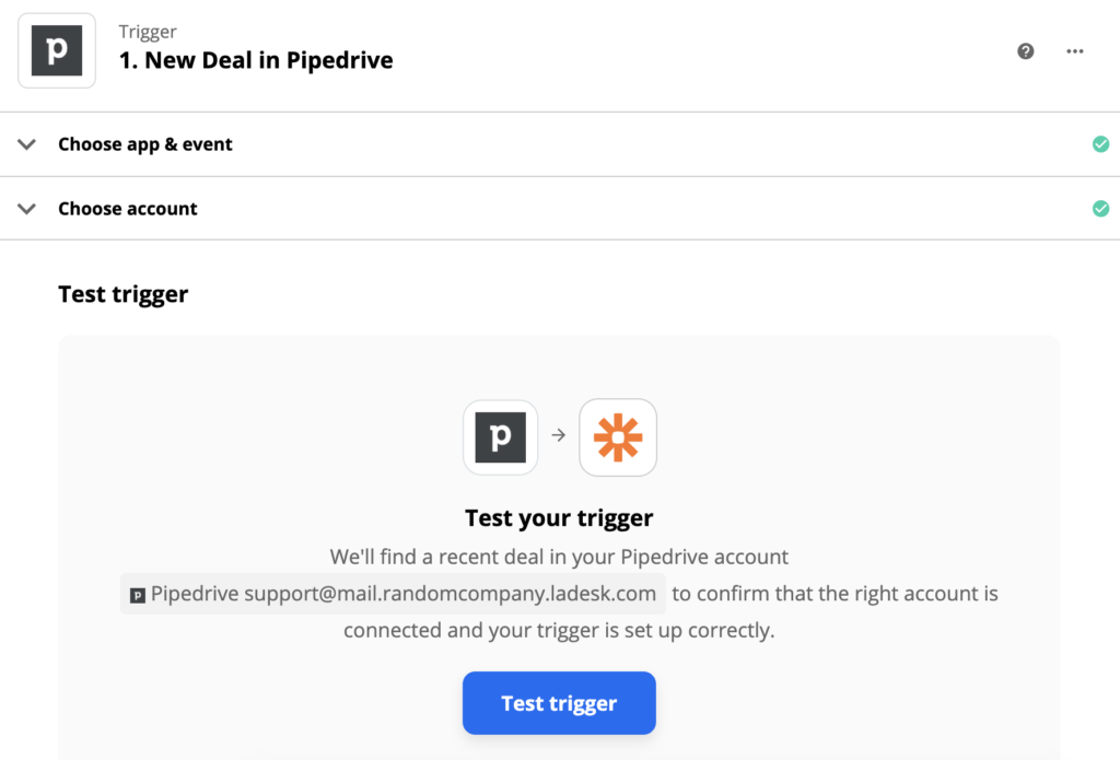 PipeDrive-triggertest na het instellen van de trigger op Zapier